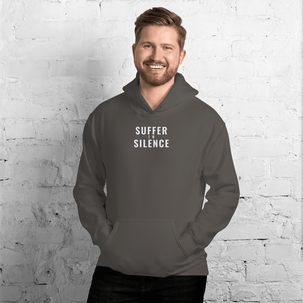 Man wearing the SUFFER IN SILENCE heavyweight hoodie in Charcoal