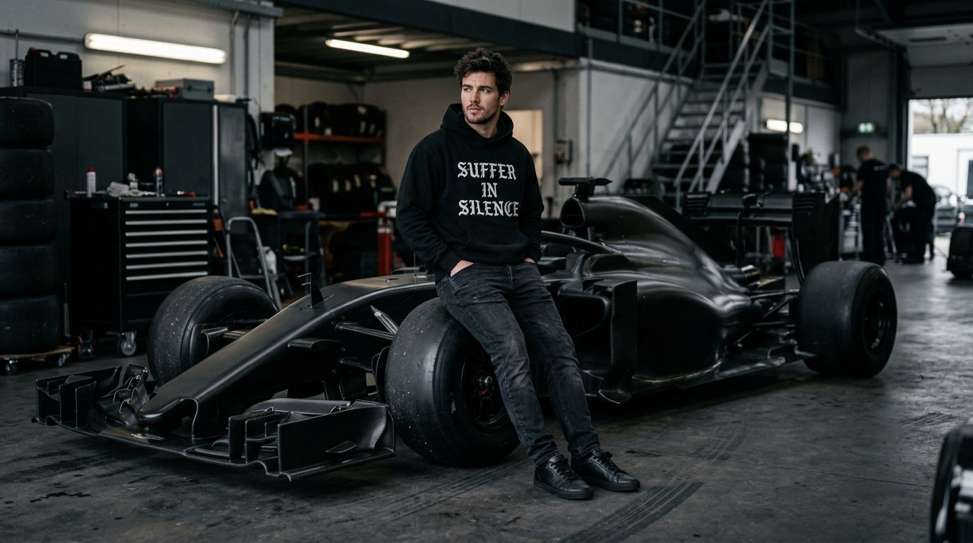 Man in a black SUFFER IN SILENCE hoodie sitting on the wheel of a race car in a garage