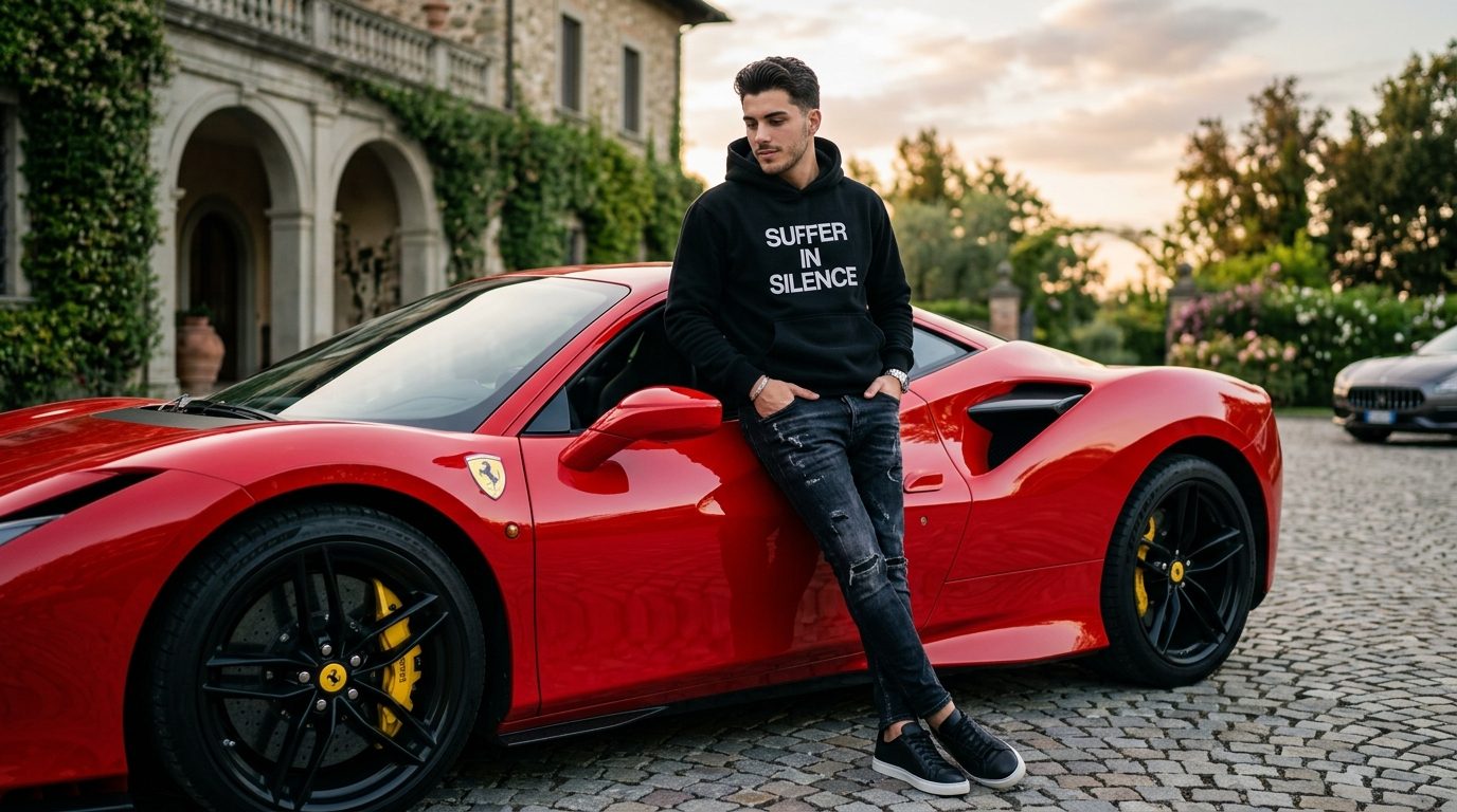 Man in a black SUFFER IN SILENCE hoodie leaning against a red sports car