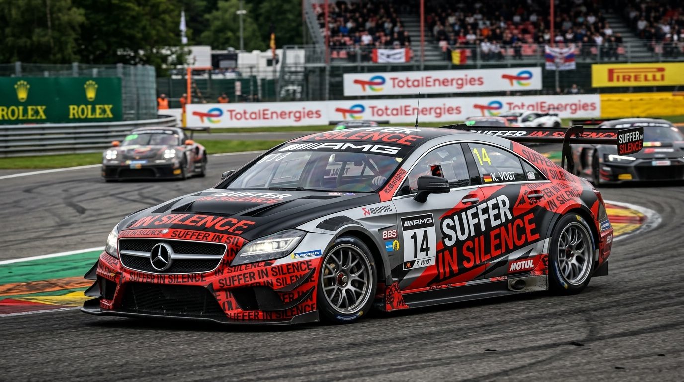 SUFFER IN SILENCE-liveried AMG race car mid-corner on a race track