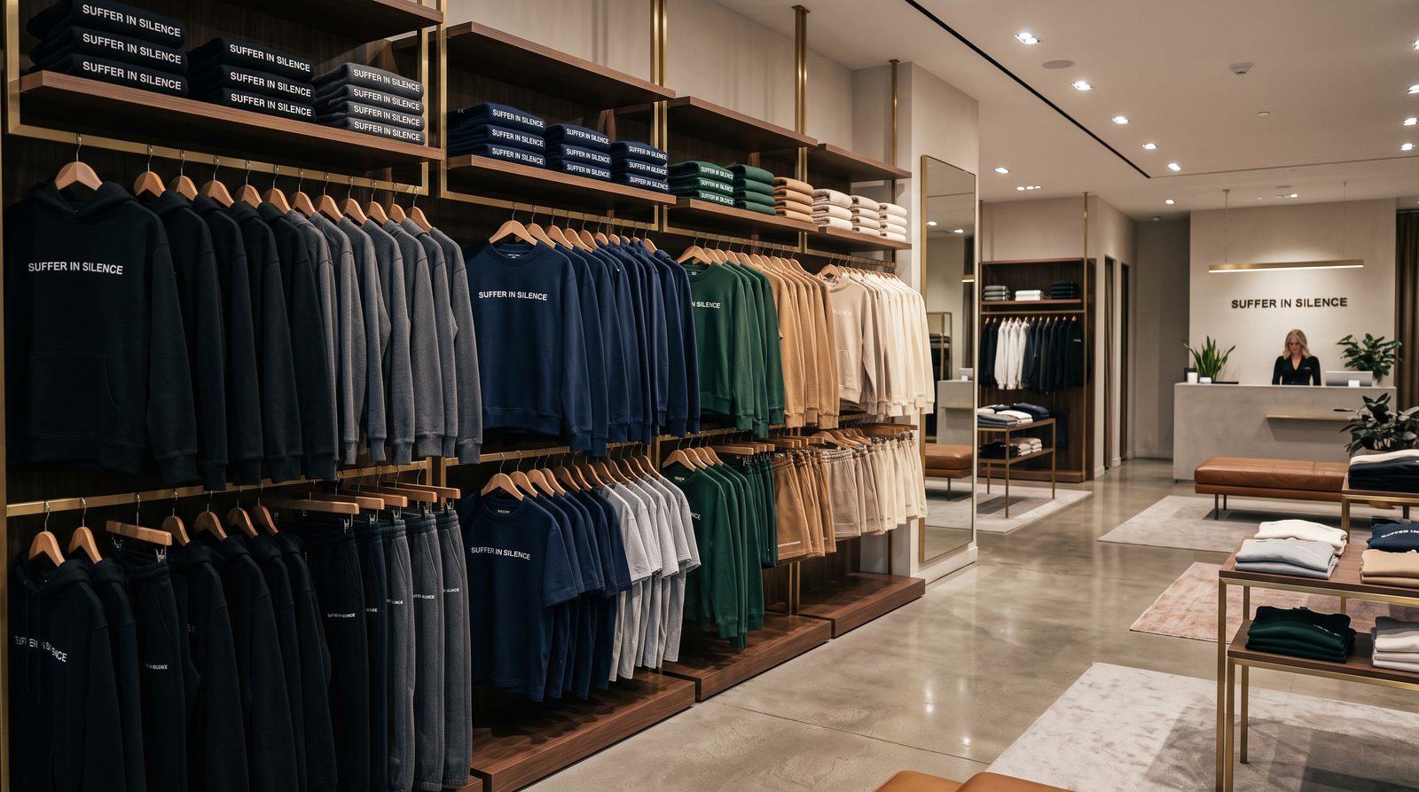 Concept render of a SUFFER IN SILENCE flagship store with branded apparel on wooden shelving