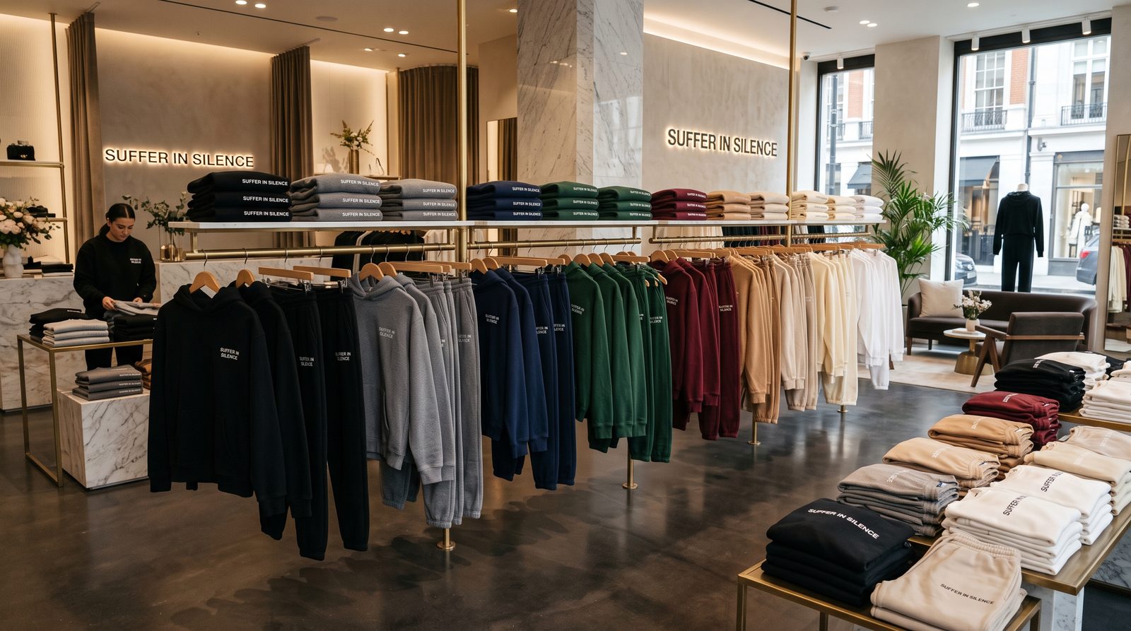 Concept render of a marble SUFFER IN SILENCE boutique with racks of branded sweatsuits
