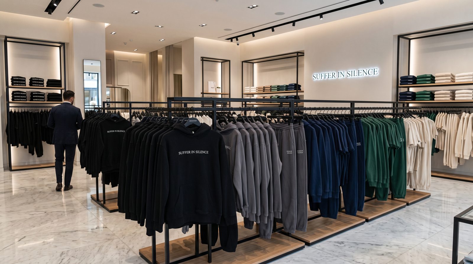Concept render of a bright SUFFER IN SILENCE store floor with hoodies and joggers on display